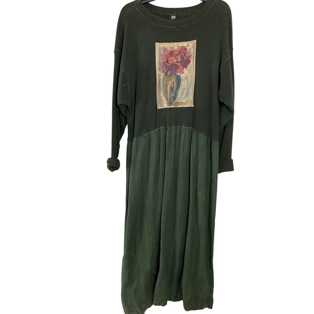 Art Teacher Mixed Media Maxi Dress Women Size 3 Olive Green Waffle Knit Floral